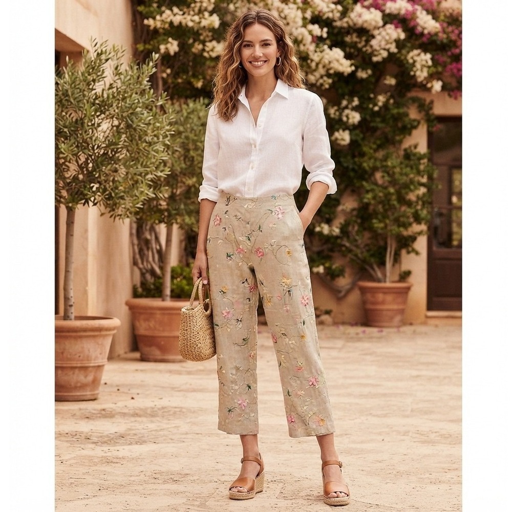 Allison Taylor Linen Cropped Pants Tan Floral Embroidered Coastal Cottage 12